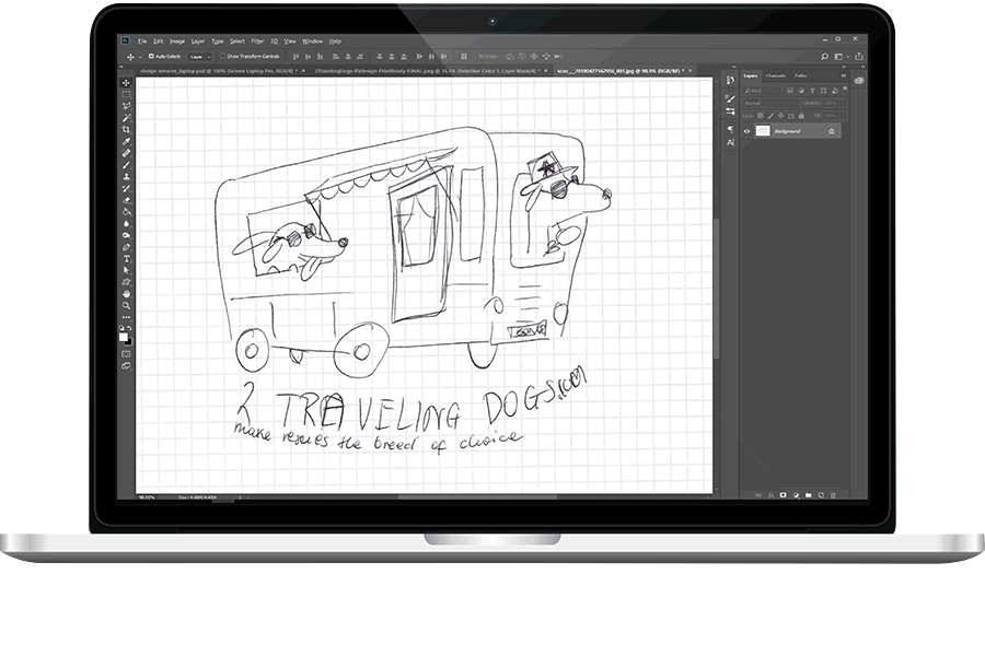 design process of a dog in a truck from sketch to customization on t-shirt