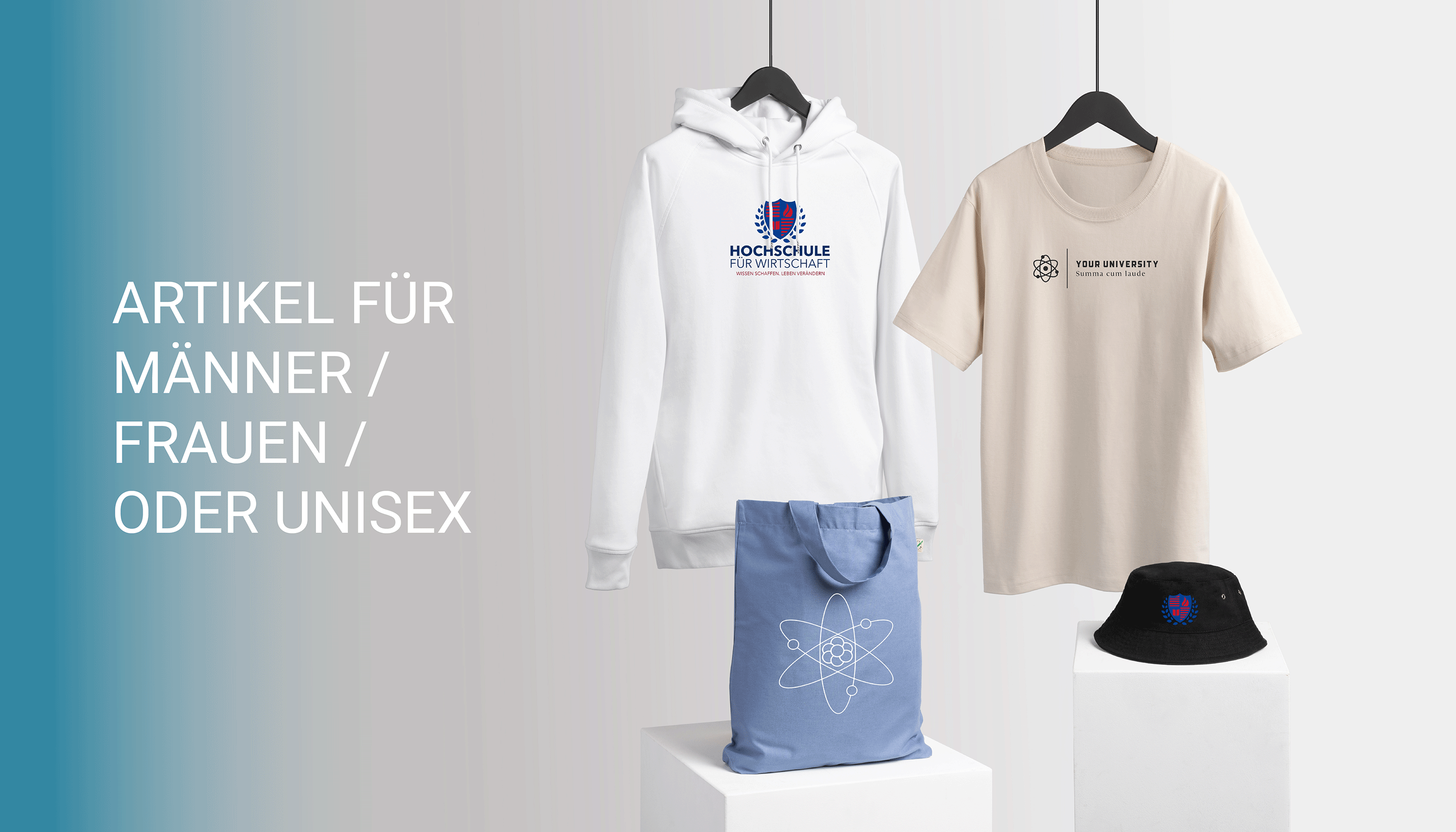 Animierte Grafik mit Auswahl bedruckbarer Produkte und den Produktkategorien, die Spreadschop und Spreadconnect anbieten.